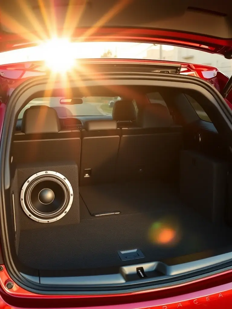 A car with upgraded speakers and a subwoofer in the trunk, highlighting the enhanced audio experience.