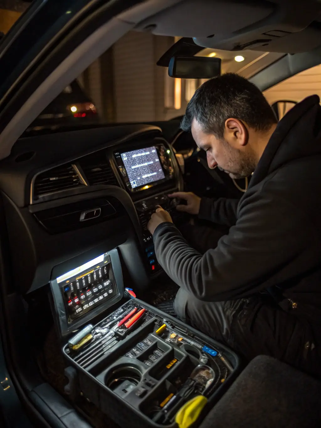 A professional car audio technician installing a new car stereo system in a modern vehicle, focusing on the dashboard and wiring.