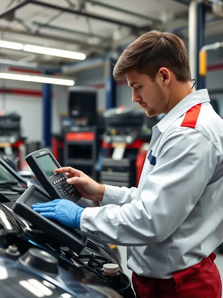 A technician diagnosing a car radio issue with diagnostic tools, showcasing the troubleshooting process.